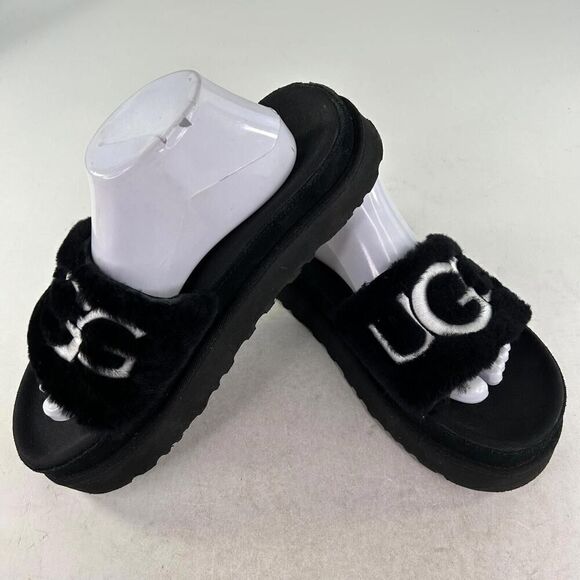 UGG WOMEN'S LATON PLATFORM SHOES US 10 SHEARLING SLIDE SANDALS BLACK OPEN-TOE - Picture 3 of 10